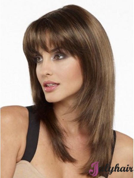 Best Brown Straight Human Hair Wigs With Bangs Shoulder Length