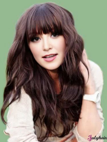 Real Hair  Wigs Long Length Brown Color With Bangs Monofilament